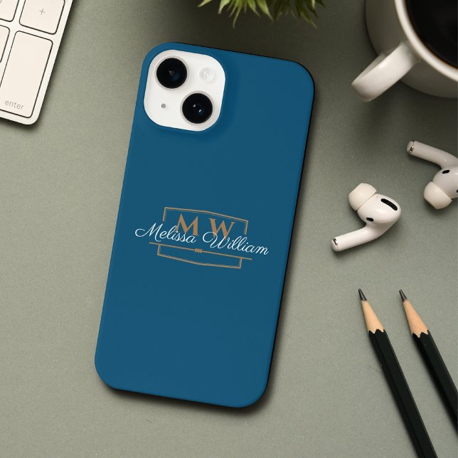 Blue White Gold Monogram Name Script iPhone Case (Creator Uploaded)
