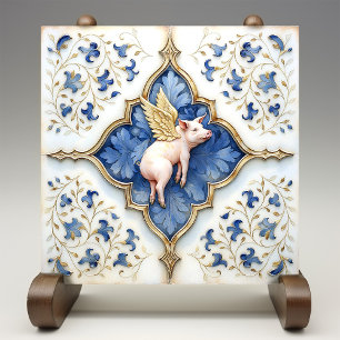 Blue White Gold Pig Mediaeval Scrollwork Ceramic Tile