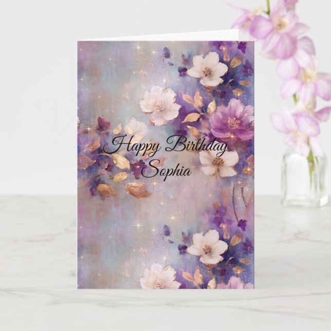 Blue White Gold Purple Floral Birthday Card (Orchid)
