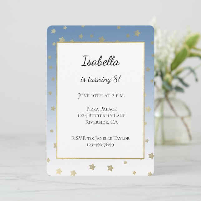 Blue White Gold Stars Birthday Invitation (Standing Front)