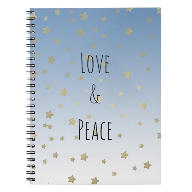 Blue White Gold Stars Love Peace Notebook (Front)