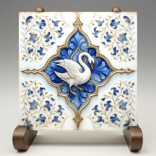 Blue White Gold Swan Mediaeval Scrollwork Ceramic Tile
