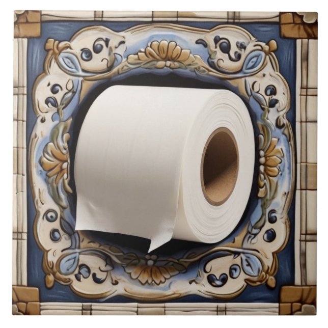 Blue White & Gold Toilet Paper Roll Funny Bathroom Ceramic Tile (Front)