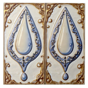Blue White & Gold Water Droplets Bathroom Tile