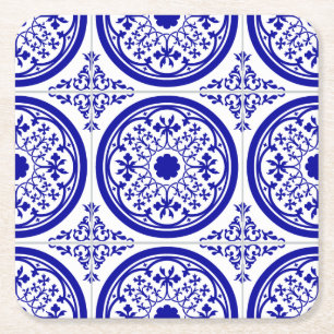 Blue White Gothic Tile Pattern Square Paper Coaster