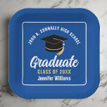Blue White Graduate 2025 Graduation Party Square Paper Plate<br><div class="desc">This modern blue and white custom graduation party paper plate features classy typography of your high school or college name for the class of 2025. Customise with your graduating year under the chic handwritten script and black grad cap for great personalised graduate decor.</div>