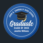 Blue White Graduate Custom 2025 Graduation Party Magnet<br><div class="desc">This modern blue and white custom senior graduate magnet features classy white typography of your high school or college name for the class of 2025. Customise with your graduating year under the chic black handwritten script and black grad cap for a great personalised graduation keepsake gift.</div>