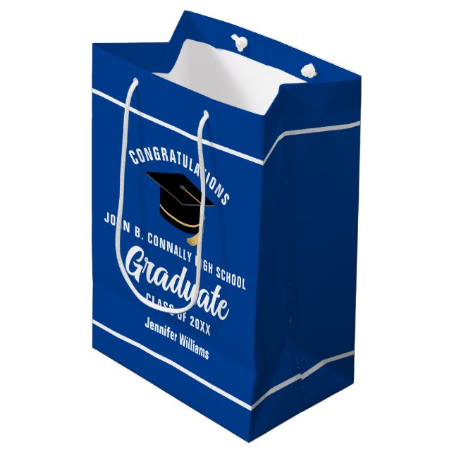 Blue White Graduate Custom 2025 Graduation Party Medium Gift Bag (Front Angled)