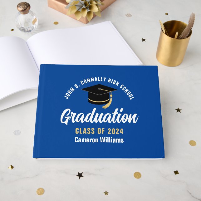 Blue White Graduate Customisable Graduation Party Guest Book (Front Open)