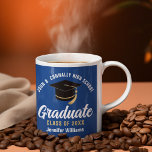 Blue White Graduate Personalised 2025 Graduation Coffee Mug<br><div class="desc">This modern blue and white custom senior graduation mug features classy typography of your high school or college name for the class of 2025. Customise with your graduating year under the chic handwritten script and black grad cap for a great personalised graduate keepsake gift.</div>