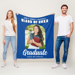 Blue White Graduate Photo Arch Modern Graduation Fleece Blanket