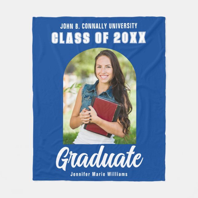 Blue White Graduate Photo Arch Modern Graduation Fleece Blanket (Front)