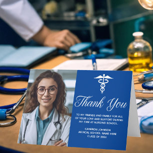 Blue White Graduation Photo Medical School Thank You Card