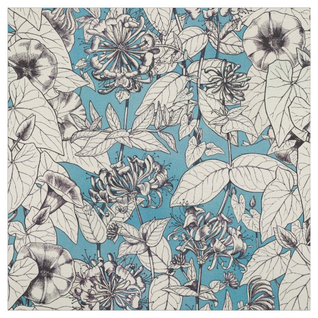Blue White Graphic Flowers Pattern Fabric (Swatch)