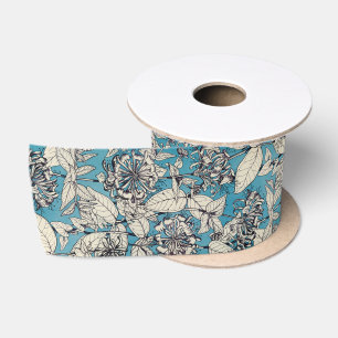 Blue White Graphic Flowers Pattern Satin Ribbon