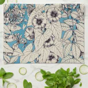 Blue White Graphic Flowers Pattern Tea Towel