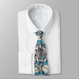Blue White Graphic Flowers Pattern Tie
