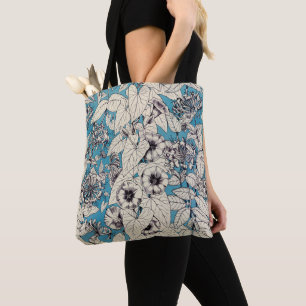Blue White Graphic Flowers Pattern Tote Bag