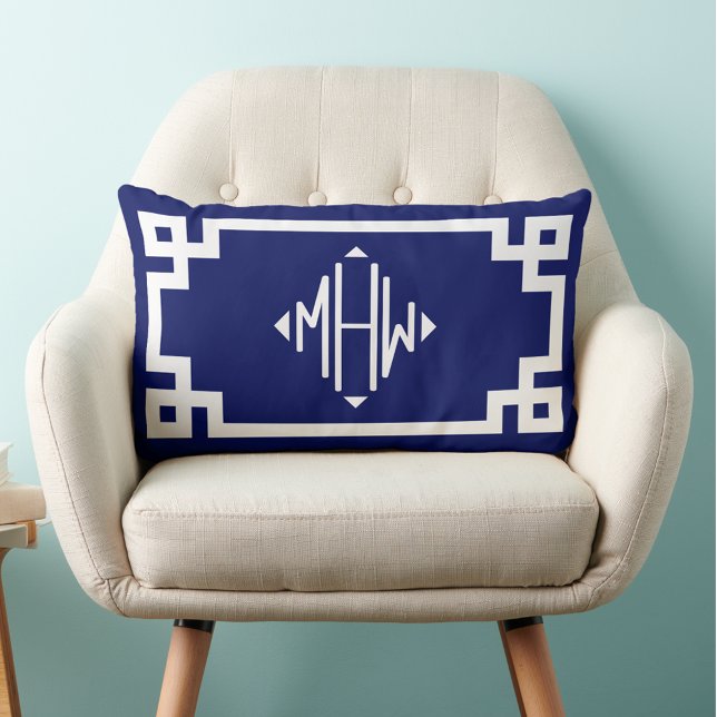 Blue White Greek Key #2 Diamond Monogram DIY BG Lumbar Cushion (Creator Uploaded)