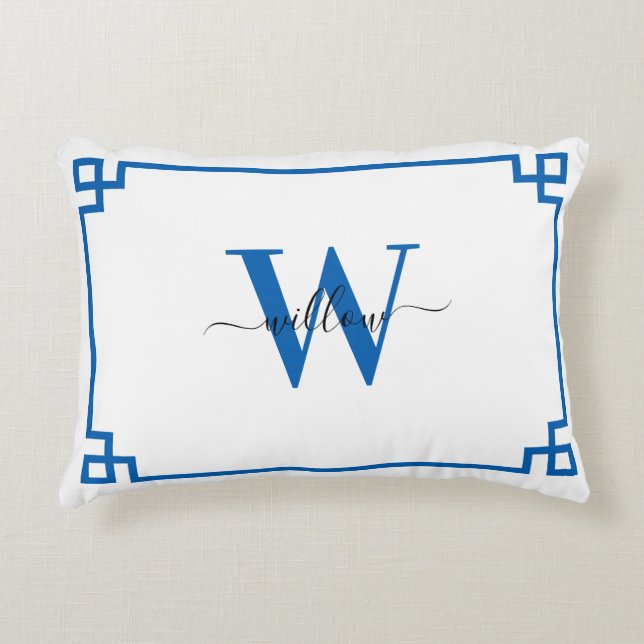 Blue & White Greek Key Monogrammed  Decorative Cushion (Front)