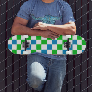 Blue White Green Chequered Design Skateboard