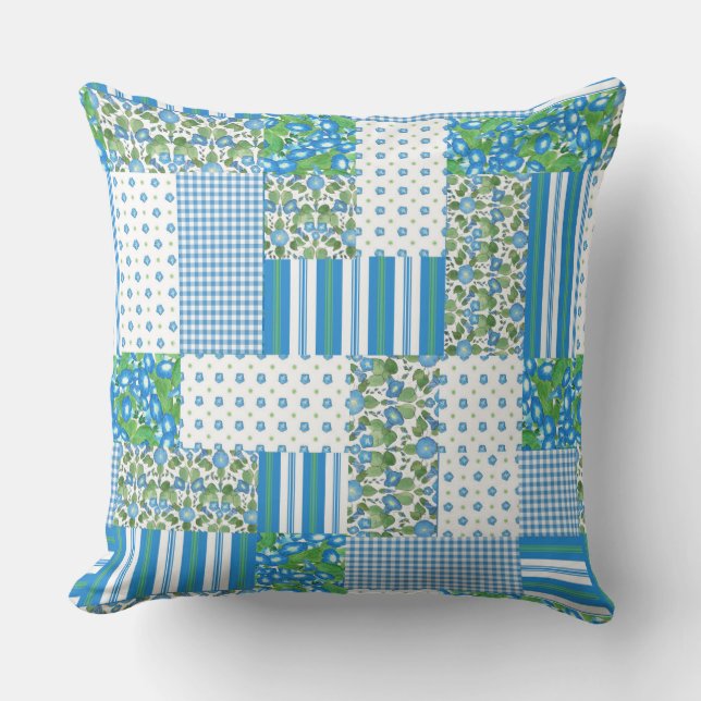 Blue, White, Green Morning Glory Faux Patchwork Cushion (Front)