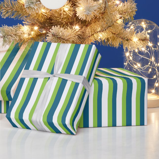 Blue White Green Vertical Stripes  Wrapping Paper (Holidays)