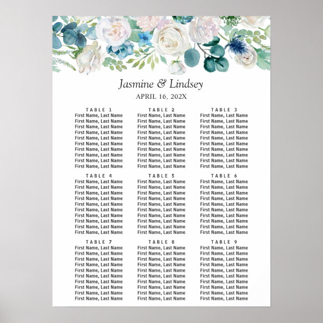 Blue White Green Wedding Seating Chart (Front)
