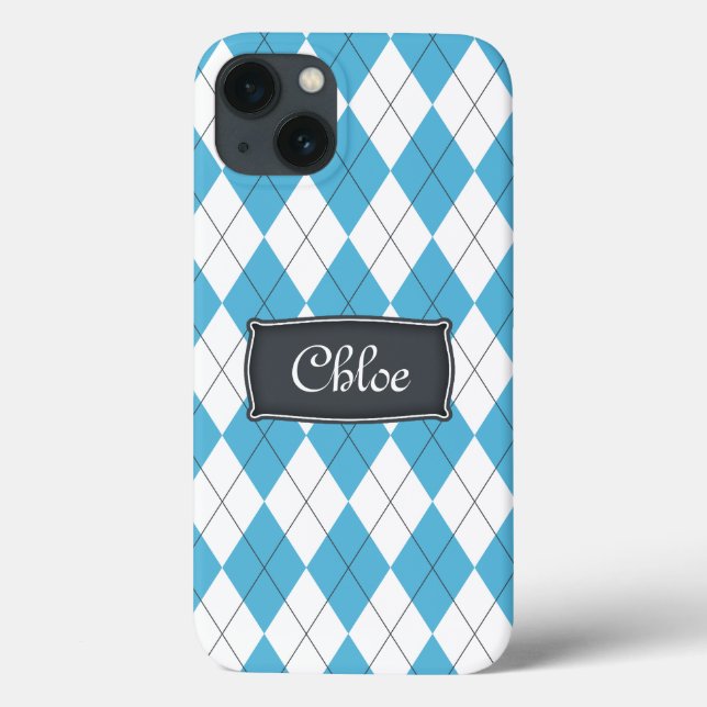 Blue White Grey Argyle Name iPhone 13 Case (Back)