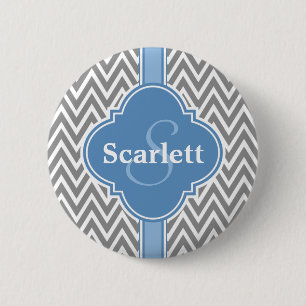 Blue White Grey Chevron Pattern and Monogram 6 Cm Round Badge