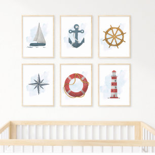 Blue White Grey Compass Rose Nautical Ocean Theme Poster