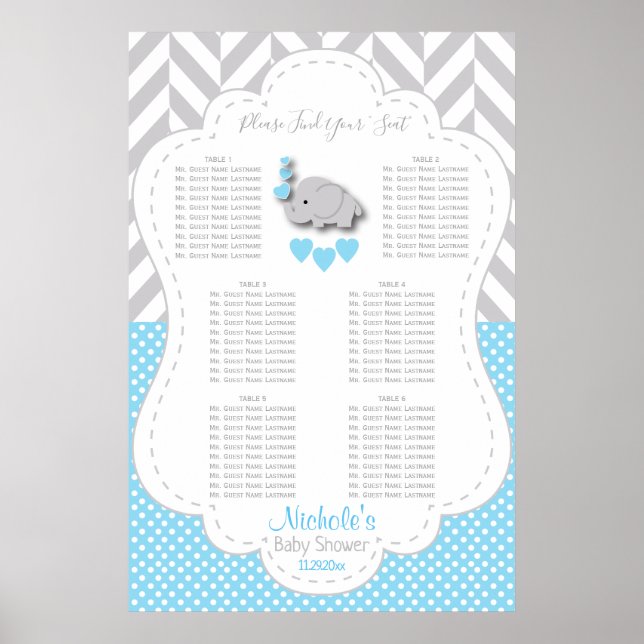 Blue, White Grey Elephant - 6 Seating Chart (Front)