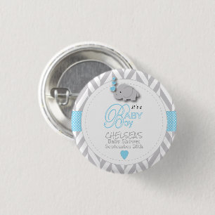 Blue, White Grey Elephant Baby Shower 3 Cm Round Badge