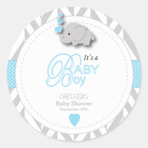 Blue, White Grey Elephant Baby Shower Classic Round Sticker