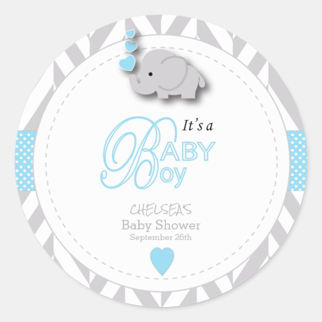 Blue, White Grey Elephant Baby Shower Classic Round Sticker (Front)