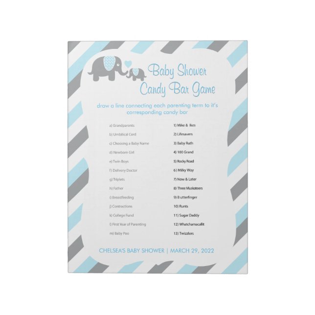 Blue, White & Grey Elephant Baby Shower - Game 2 Notepad (Rotated)