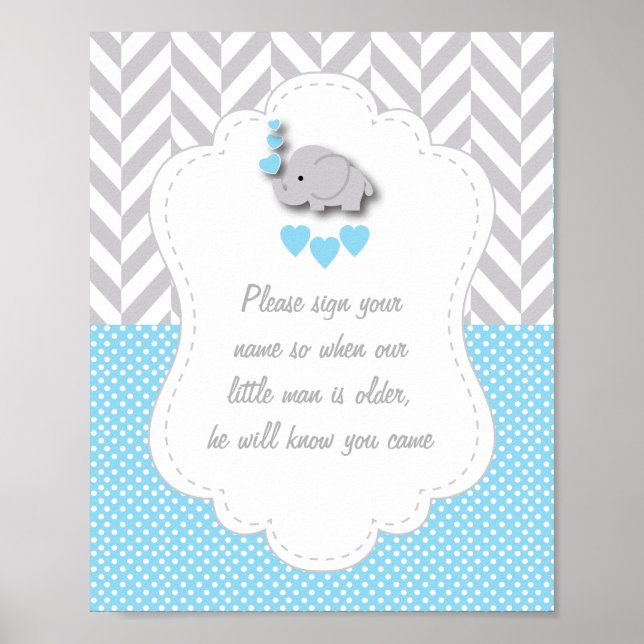 Blue, White Grey Elephant Baby Shower Poster 2 (Front)