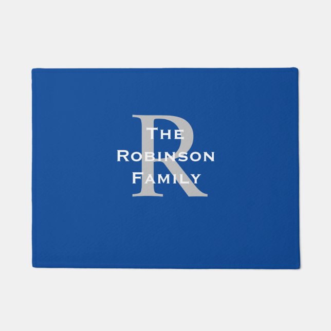 Blue White Grey Name Monogrammed  Doormat (Front)