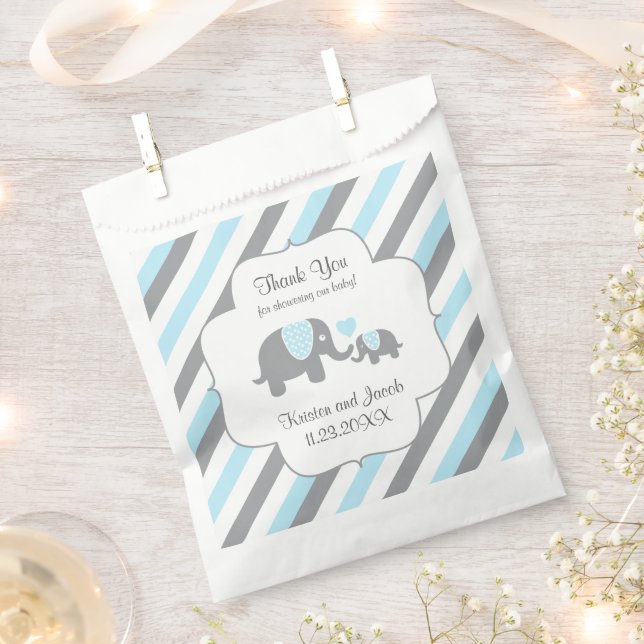 Blue, White Grey Stripe Elephant Thank You  Favour Bag (Clipped)