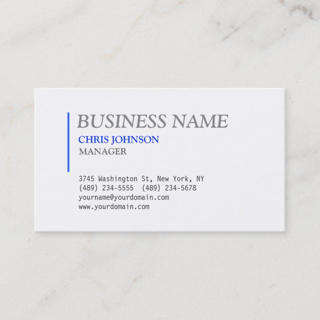 Blue & White Grey Stylish Manager Business Card (Front)