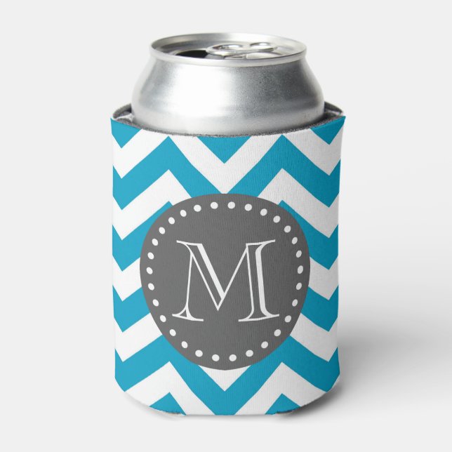 Blue White Grey Zigzag Chevron Monogram Can Cooler (Can Front)