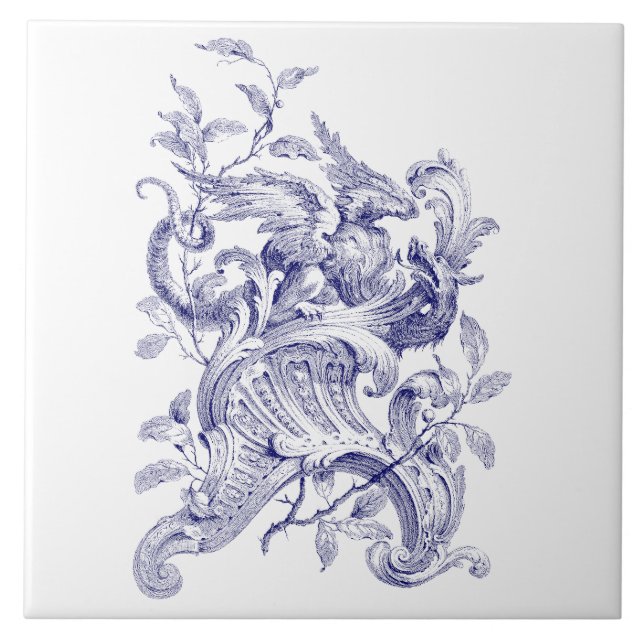 Blue & White Griffin On Rocaille Baroque Rococo Ceramic Tile (Front)