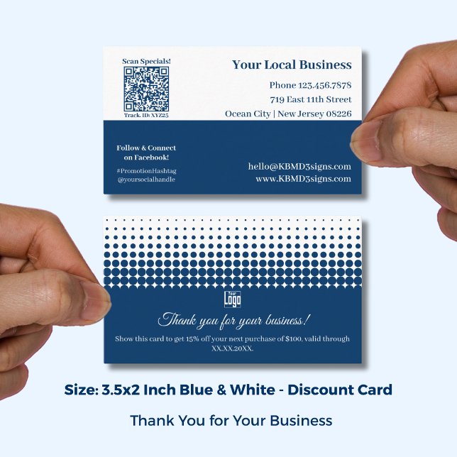 Blue & White Half Tone Pattern Thank You and Discount Card (Blue & White Half Tone Pattern Thank You and Discount Card; Size: 3.5x2 Inch, Logo, QR code)