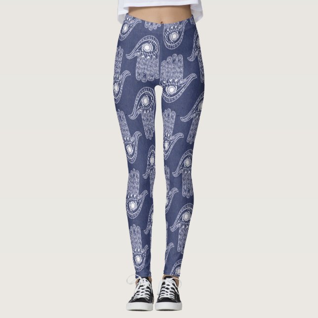 Blue & White Hamsa Hand Pattern / Evil Eye Defence Leggings (Front)