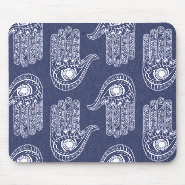 Blue & White Hamsa Hand Pattern / Evil Eye Defence Mouse Pad (Front)