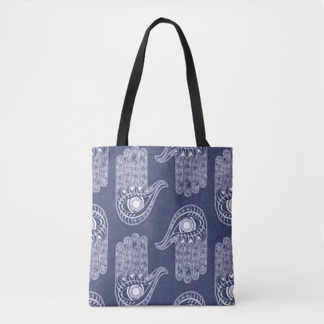 Blue & White Hamsa Hand Pattern / Evil Eye Defence Tote Bag (Front)