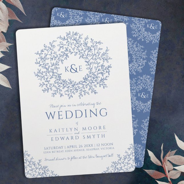 blue white hand drawn leaf monogram art wedding invitation (Creator Uploaded)