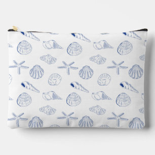 Blue White Hand Drawn Sea Shells Beach Summer Accessory Pouch