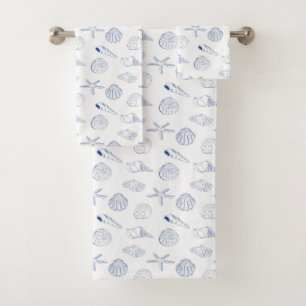 Blue White Hand Drawn Sea Shells Beach Summer Bath Towel Set
