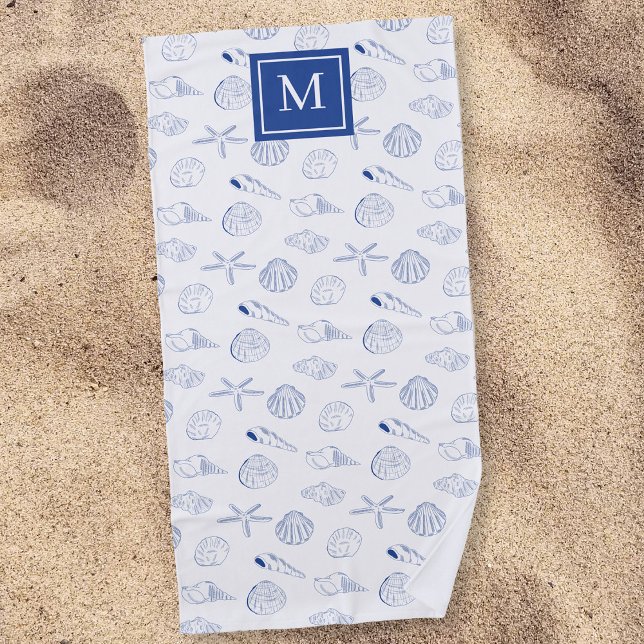 Blue White Hand Drawn Sea Shells Beach Summer  Beach Towel (Blue White Hand Drawn Sea Shells Beach Summer Beach Towel)